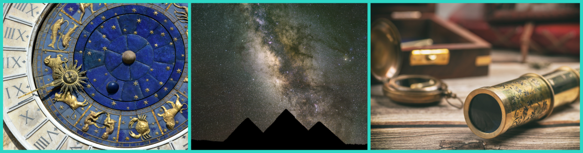 An image of an acient time keeping device using images of the constellations, then the milky way lined up above the pyramids in Egypt and finally an old brass telescope used on ships to navigate