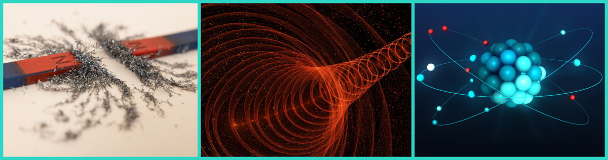 An image of 2 magnets with the north poles facing each other, with iron filings tracing out the magnetic field. Then in the centre is an image of a red spiral against a black background. The final image shows an atom with electrons spiining around it.