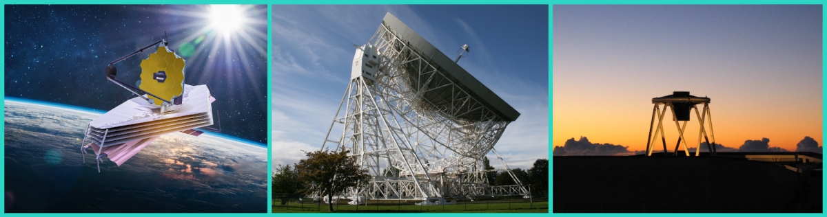 A set of three images, the first is a graphic of the James Webb Sapce Telescope above the Earth, the second is the Jodrell Bank radio telescope on a sunny day, and the third is the Liverpool Telescope sticking up from it's open dome with a sunset sky.