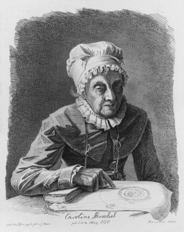 A portrait of Caroline Herschel with an illustration of planets in the solar system. 