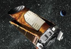 Illustration of the Kepler spacecraft in space, showing its cylindrical shape with a large, reflective surface and a golden, textured body against a starry background. A distant view of Earth is visible in the top right corner