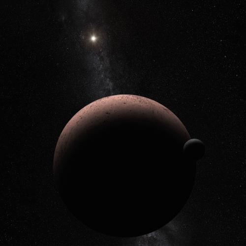 Artist's impression of the dwarf planet Makemake and its moon in the distant solar system, with the Sun visible in the background