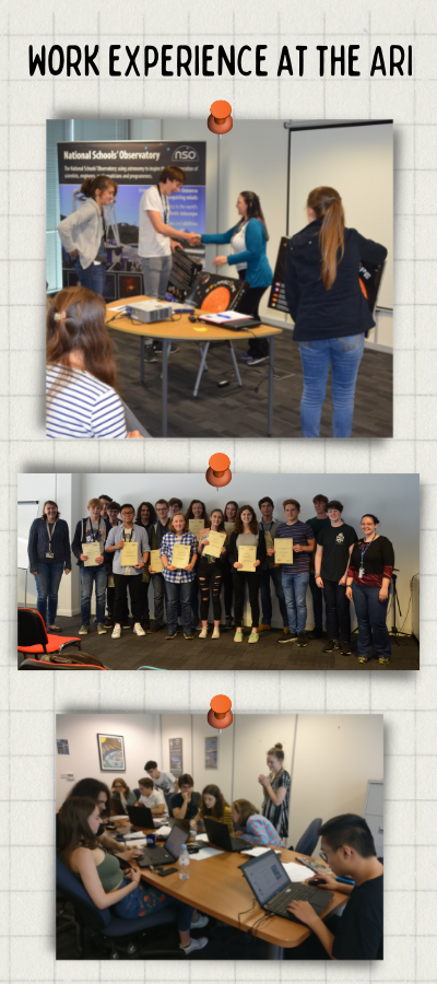 Three stacked photos showcasing work experience at the Astrophysics Research Institute (ARI). The first image shows students interacting with equipment at the National Schools' Observatory booth. The second image features a group of students posing with certificates. The third image shows students working on laptops in a classroom setting.