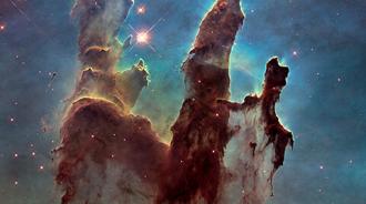 Pillars of red and brown in the Eagle Nebula rise upwards against a blue, cloudy background. Stars shining red light are randomly placed in the background.