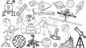 The image is filled with black and white outlines of telescopes, planets, astronauts, and space probes