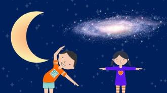 A graphic of a crescent moon and a galaxy next to each other. Underneath are cartoons of children in different yoga positions.