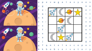 A spot-the-difference puzzle and a sudoku puzzle. There are letters from a wordsearch in the background.