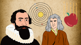 Cartoon image of Johannes Kepler and Isaac Newton with a parchment-like background. A diagram of a planet's orbit is featured in the middle behind the figures. To the right of the figures is a cartoon of an apple falling.