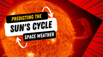 A close up image of the Sun with the words "Predicting the Suns's cycle space weather" placed over the top.