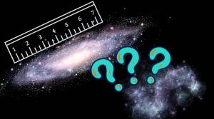 Picture of a galaxy with a ruler next to it and question marks