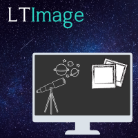 There is a dark blue, starry background. In the top left corner is the word "LTImage". The LT text is white, and the Image text is light blue. A large graphic of a grey computer takes up most of the rest of the space. The screen is dark grey and shows a graphic of a telescope with planets and stars, and also a graphic of two printed images.