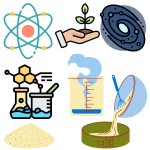 An image containing graphics of an atomic structure (top left), a hand holding a planet (top middle), a solar system (top right), beakers and a molecule (middle left), a beaker with steam (middle), a bowl with batter being poured (bottom right), and a pile of sand (bottom left).