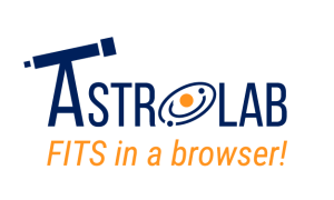 The word "AstroLab" in lab, with a telescope balanced on top of the letter A and the letter O being a small orange circle with blue ovals representing orbits going around it. Underneath this it reads "FITS in a browser!" in orange text.