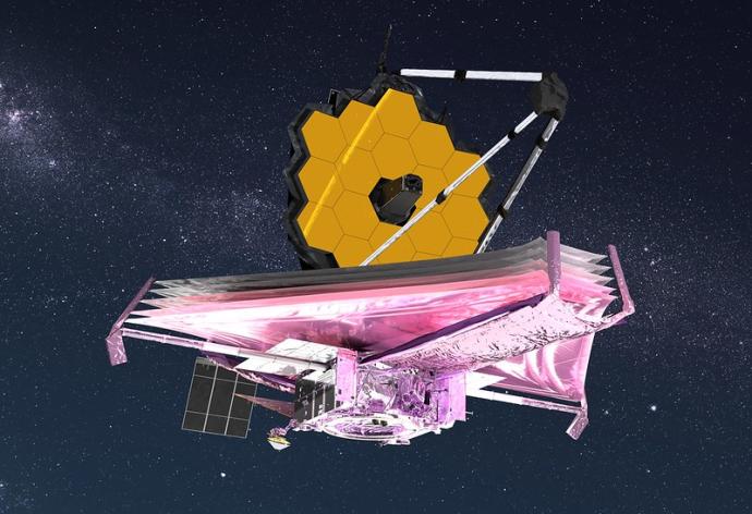 Artist's illustration of the James Webb Space Telescope. There is a gold mirror on top made of connected small, hexagon shapes. This sits on a triangular base that appears to have a pink hue underneath it. A small solar panel is visible towards the back. The background is a black-grey night sky with countless small, white dots of stars, varying in size. Most of the stars are located towards the middle, forming a brighter, thick band that runs from almost the top-left corner to the middle-right of the image.