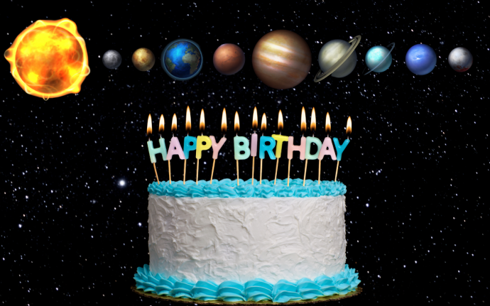 An image of a birthday cake with lit candles. In the background is a filed of stars and above the cake is a graphic of the Solar Systems with planets in a line from the Sun.