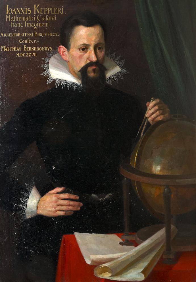 A painting of Johannes Kepler. He is stood with a hand on his hip. There is a table in front of him with parchment papers and a globe placed on it.