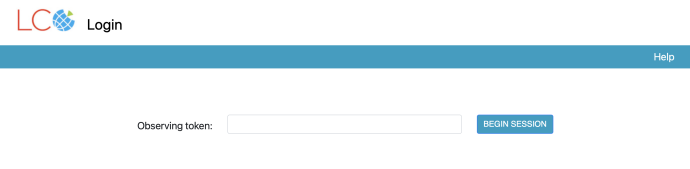 A screenshot of a webpage. The words "LCO Login" are in the top left. A blue vertical band runs across the page underneath this with the word "Help" at the far right. Under this are the words "Observing token" with a rectangular box next to it. To the right of this is a blue button with the words "BEGIN SESSION".