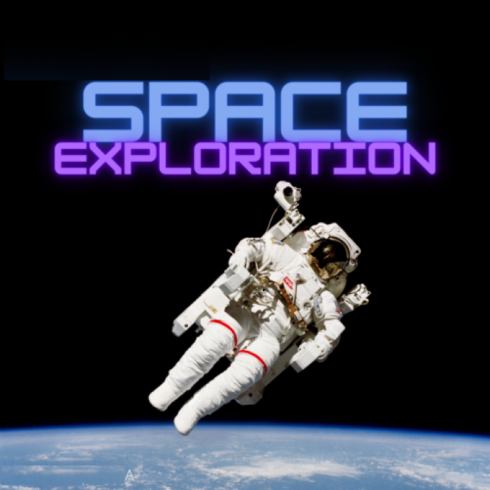 An image showing an astronaut floating in space above Earth with the text 'Space Exploration' in blue and purple font at the top. The background is a black sky with the curvature of the Earth visible at the bottom