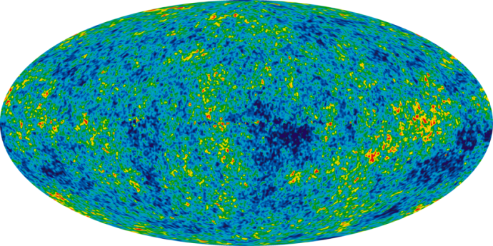 A map of cosmic background radiation from when the universe was around 380,000 years old. An elongated (along the horizontal) oval. It is mostly blue-green in colour, but there are patches of dark blue in the middle and at the side. Around these patches are lots of smaller yellow areas, some of these having red inside too.