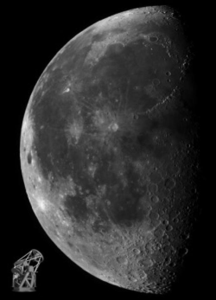 Image of the Moon in its first quarter phase, showing the contrast between the illuminated and shadowed regions, with visible craters and lunar surface details. On the bottom left there is a photo of Liverpool Telescope pointing at the moon