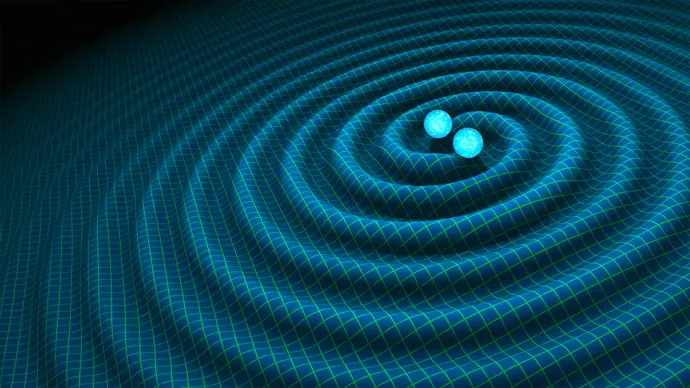 An artists impression of gravity waves caused by binary neutrons stars. The stars are blue dots towards the upper right of the image. There appears to be ripples extending out from them, moving through a blue and yellow lattice grid.